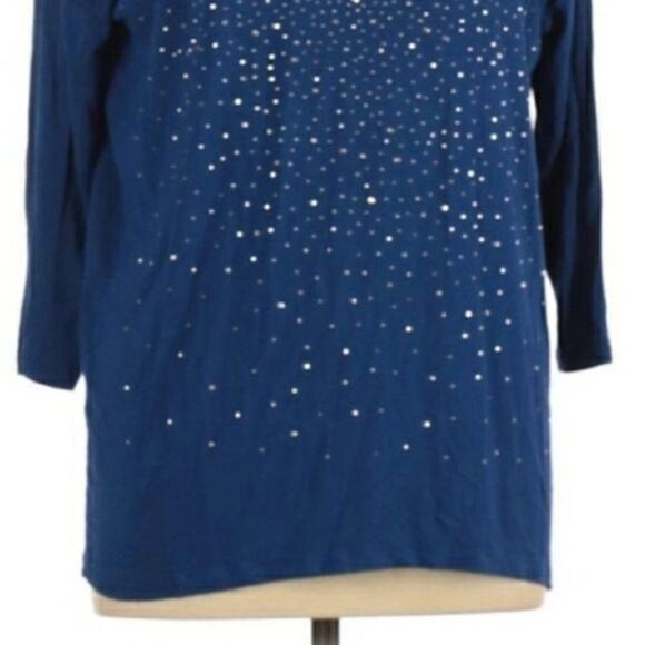 Design History Blue Bedazzled Jersey Knit V-neck Half Sleeve Tunic Top Sz L - Picture 6 of 10